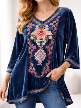 Paparazzi Velvet Embroidered Tunic Top Blue Boho Floral High Low L